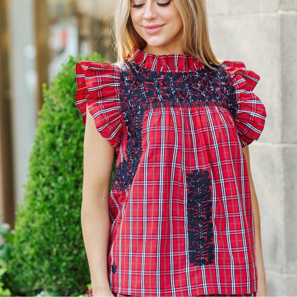 J. Marie Red Plaid Ruffle Sleeve Top XS